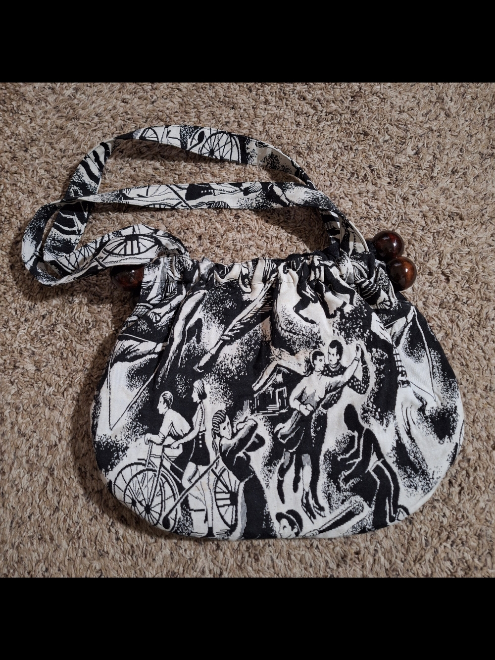 Vintage 1998 The Bag Lady Novelty Tapestry Shoulder Bag Black and White